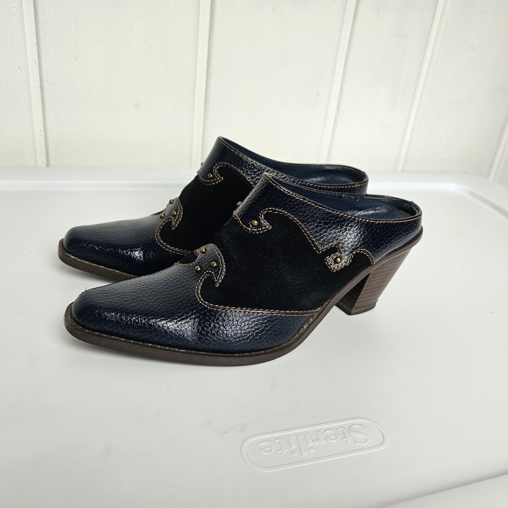 Vintage Vibram Western Blue Leather Suede Solid Heel Mules Women's 7